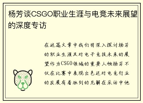 杨芳谈CSGO职业生涯与电竞未来展望的深度专访